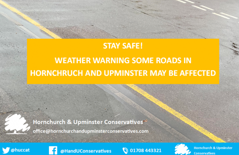 Flooding warning in Hornchurch and Upminster