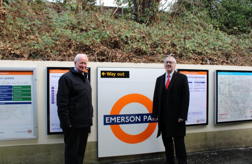 Cllr Roger Ramsey and Chairman Dominic Swan at Emerson Park Station